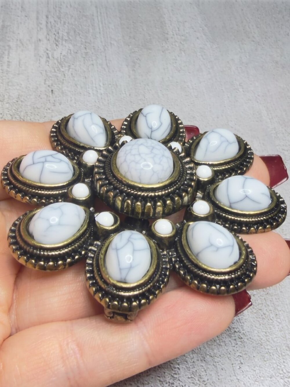 Vintage Premier Designs Marbled Cabochon Brooch Antiqued Bronze Tone - Picture 5 of 7
